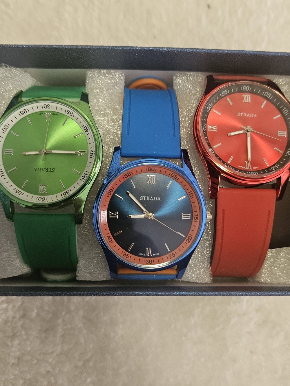 STRADA Trio Set of Colorful Silicone Strap Watches - Green, Blue, Red
